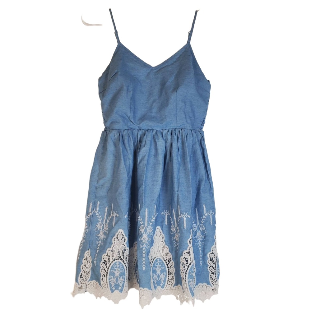 Japna Denim‎ Dress with Lace Detail Eyelet Embroidery Blue Womens Small